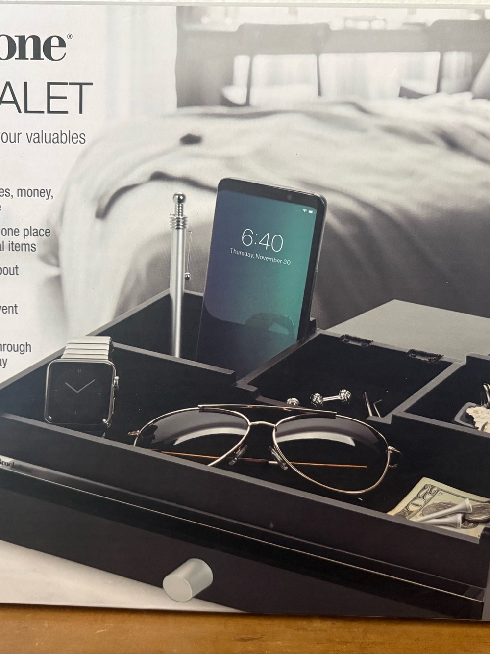 Black Valet Storage Tray Organizer with Compartments